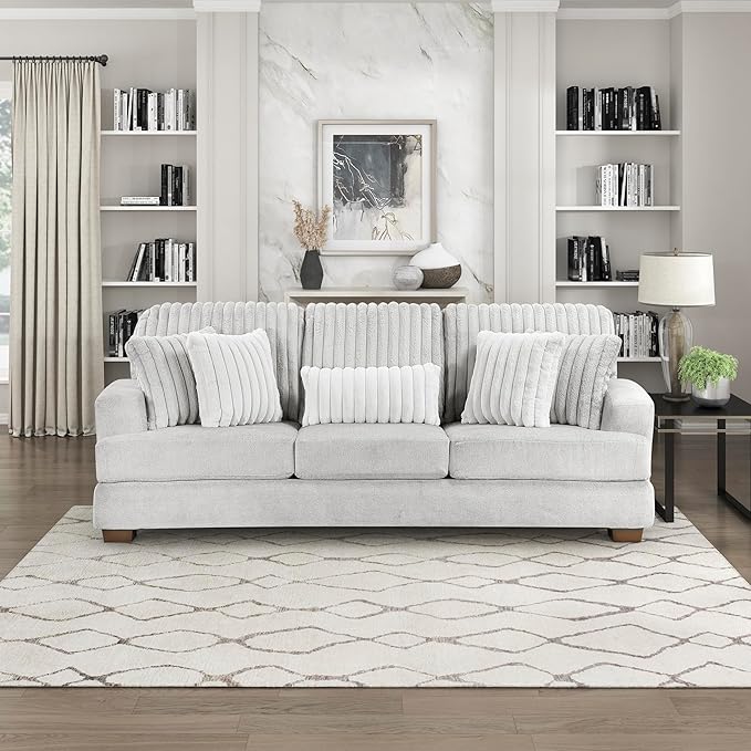 Lexicon Living Room Sofa Modern Sofa Couch Textured Microfiber &amp Corduroy Upholstered Sofa with Five Corduroy Pillows for Office/Living Room Light Gray