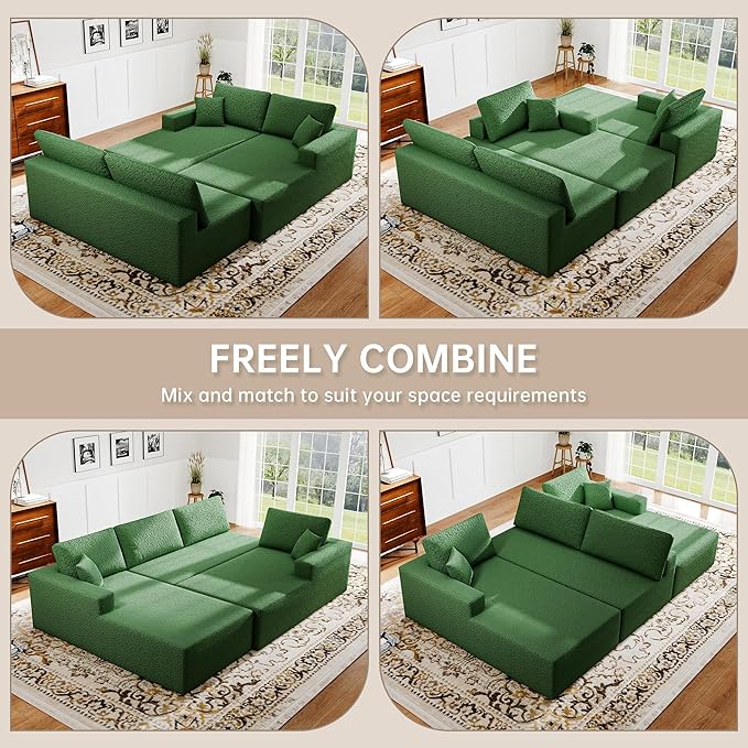 140 U-Shaped Modular Sectional Sofa for Living Room3 Seater Cloud Sectional Couch with Chaise LoungeDeep Seat with PillowsNo Assembly Required (Green)