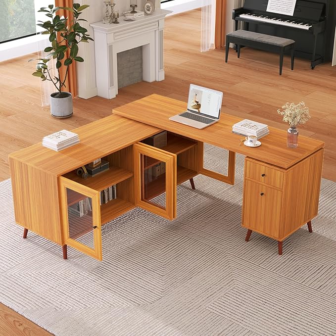 66.5 Modern L-Shaped Executive Desk with Delicate Tempered Glass Cabinet StorageLarge Office Desk with DrawersBusiness Furniture Desk Workstation for Home Office