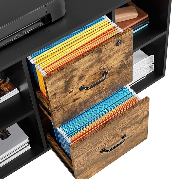Topeakmart 2 Drawer File Cabinet for Letter Size A4 Size Large Mobile Lateral Filing Cabinet Printer Stand with 4 Storage Compartments for Home Office (Black/Rustic Brown)