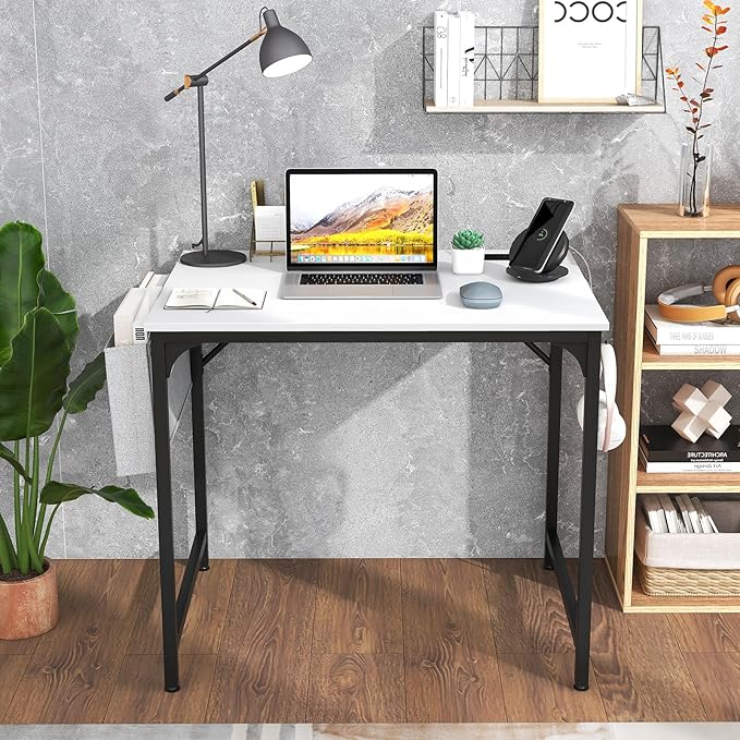 Giantex 32 Inch Computer Desk with Charging Station Home Office Writing Desk with Storage Bag &amp Headphone Hook Compact Gaming Table PC Workstation Modern Simple Laptop Desk for Bedroom Study