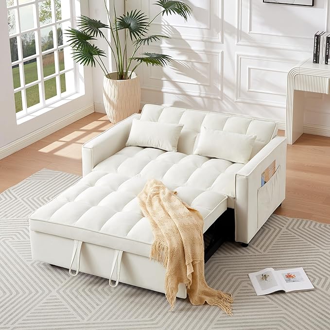 3 in 1 Convertible Sleeper Sofa Bed 54'' Full Size Velvet Pull Out Futon Couch Recliner with Reclining Backrest &amp 2 Pillows Small Loveseat Lounge Couches for Small Spaces (Silver Grey)