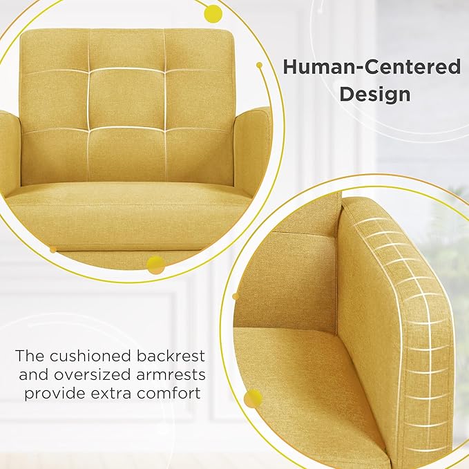 Yaheetech Mid-Century Accent Chairs Modern Upholstered Living Room Chair Cozy Armchair Button Tufted Back and Wood Legs for Bedroom/Office/Cafe Set of 2 Yellow