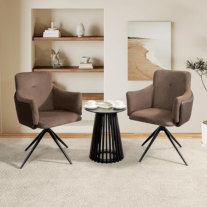 KEIKI 360° Swivel Home Office Desk Chairs Set of 2Modern Dining Chairs with Arm Upholstered Bedroom Chairs with Metal BaseMakeup Chair for Vanity Living Room Bedroom Dark Brown