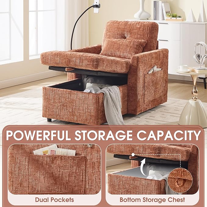 HOMEFUN Sleeper Chair Bed Lazy-Friendly Indoor Chaise Lounge with Storage Cell Phone Bracket Multifunctional Sofa for Bedroom Living Room Small Space Adults