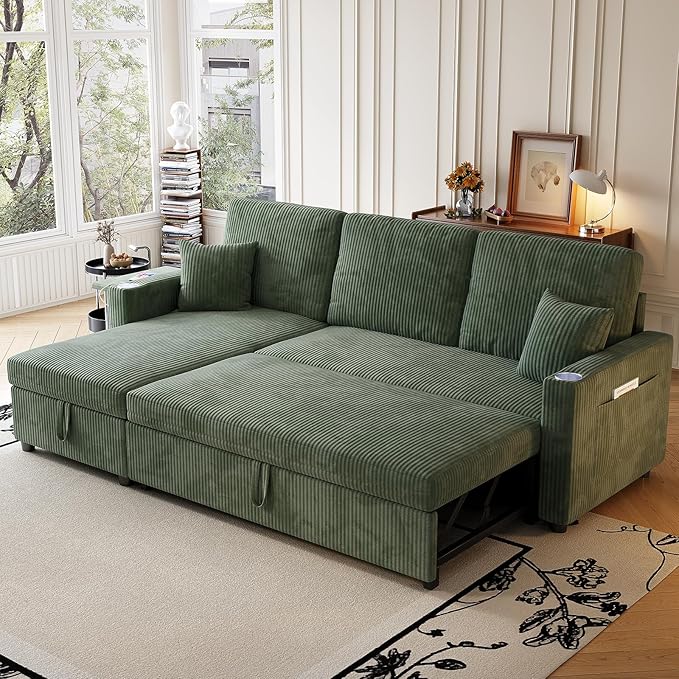 Sleeper Sectional Sofa 83 Convertible Sofa Bed with Pull Out Couches Small Desktop L Shaped Couch with Reversible Chaise Cup Holders USB Modern Corduroy Sofas for Living Room Apartment Green