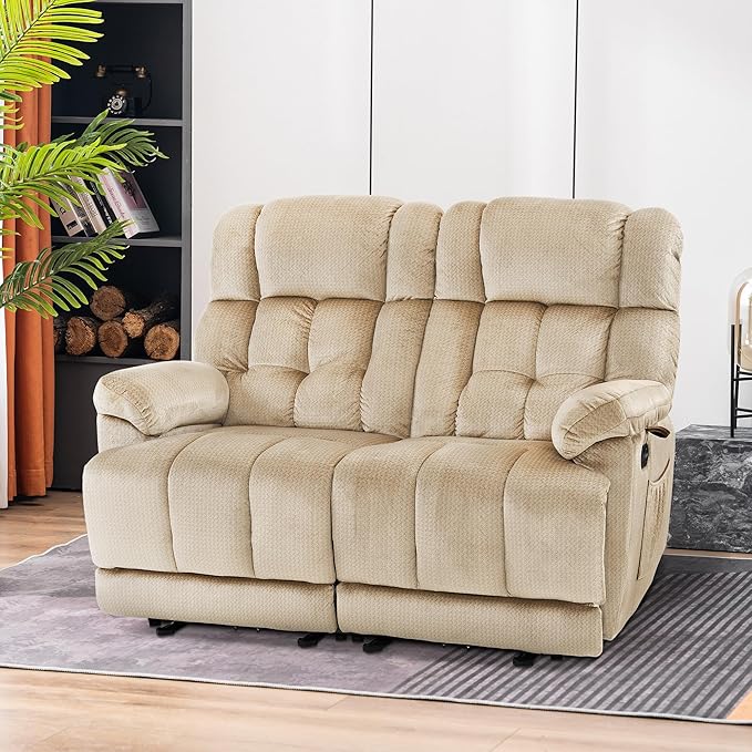 MCombo 58.7 Zero Gravity Power Loveseat Recliner with Heat and Vibration Massage Reclining Loveseat Sofa with USB Ports for Living Room Fabric 6237 (Beige)
