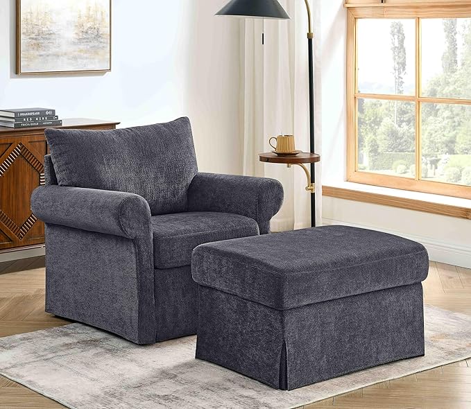 Living Room Chairs with Ottoman Small Accent Chair for Bedroom Single Sofa Couch with Chenille Fabric for Apartment and Small Places (Dark Grey)