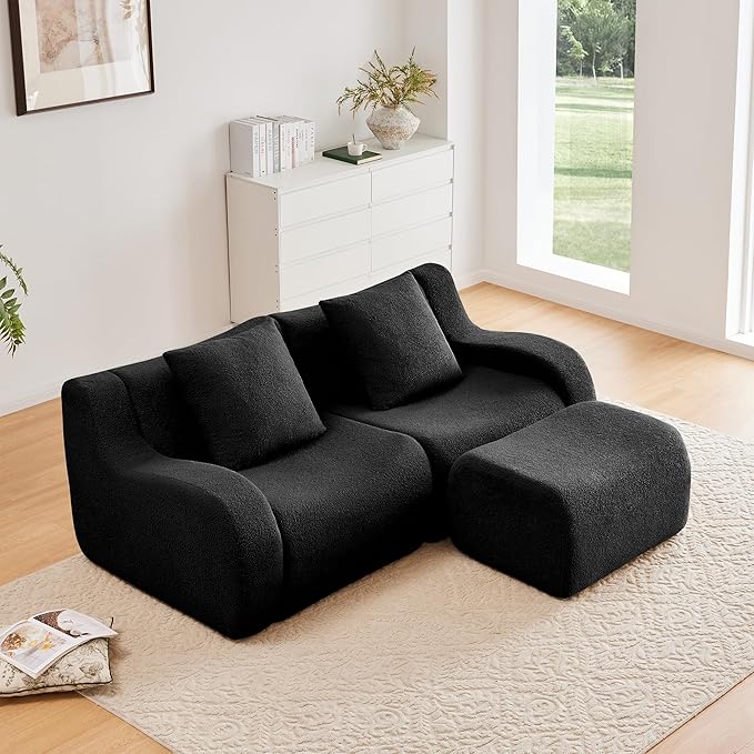 Modular Sectional Sofa for Living Room 82.7 L-Shaped Loveseat Cloud Couch with Movable Ottoman 2-Seat Teddy Fabric Boneless Sofa Curved ArmrestStreamlined Ergonomic Design