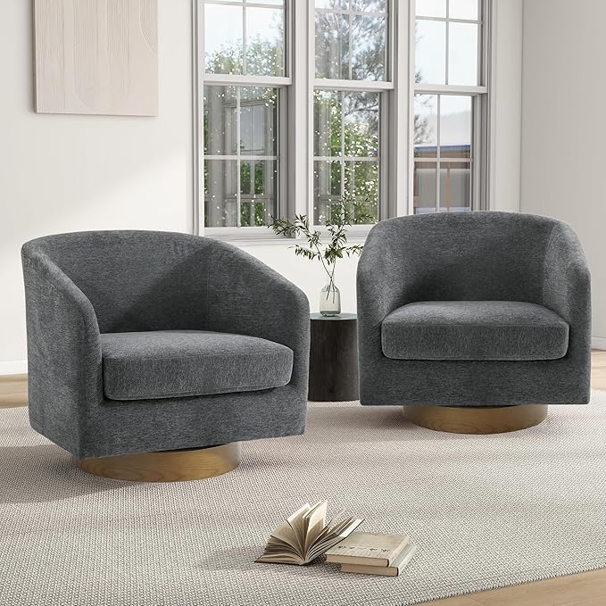 Swivel Barrel Chair Modern Round PU Leather Accent Armchair for Living Room Bedroom Oversized Comfy Club Reading Chairs for Adults (Chenille Grey Set of 2)