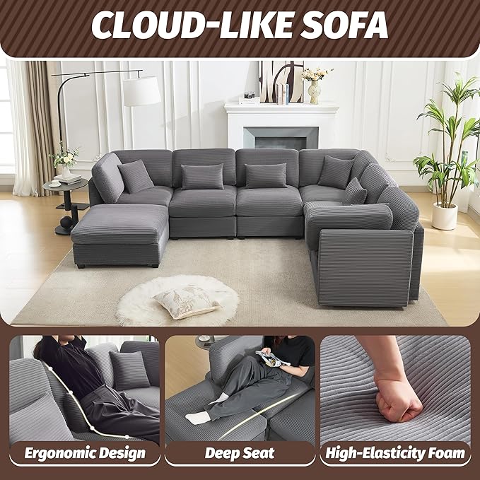 125 Inch Oversized Corduroy Cloud Couch U Shaped Modular Sectional Sofa 7 Seat Convertible Modular Sleeper Sofa Couch with Storage Sectional Couches for Living Room Grey