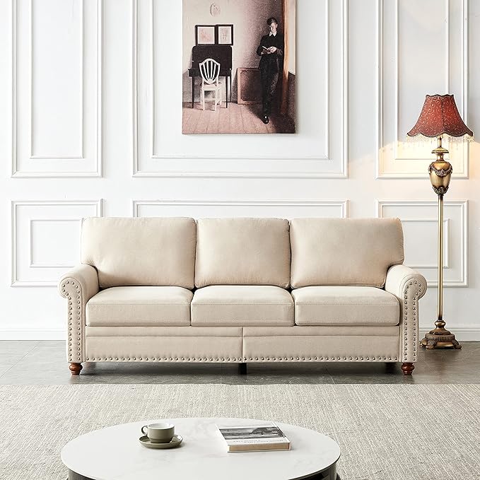 82.68 Chesterfield Couch Sofa with Storage for Living Room Nailhead Trim Rolled Arms 3 Person Seaters para Sala Family Apartment Room Plush Cushion Beige