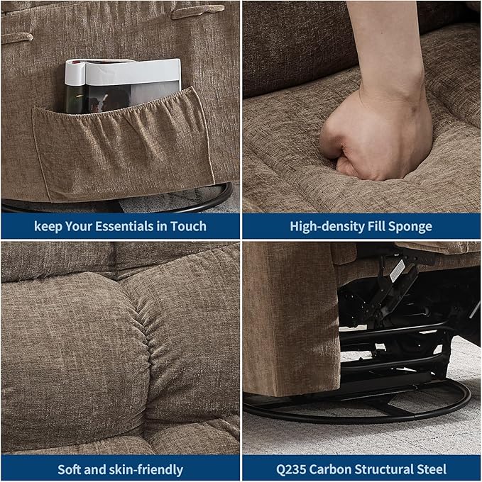 GarveeHome Rocker Recliner Chair with Vibration Massage and Heat 360° Swivel Recliner Sofa with Side Pocket Single Reclining Chair for Living Room and Bedroom Brown