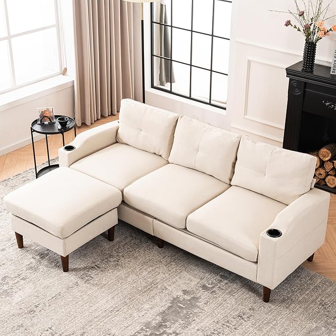 Dolonm L-Shape Modern Sofa Sectional Couch with Built-in USB Port and Convenient Cup Holder 3-Seater Sofa with Storage Ottoman Couch for Living Room Office Apartment Beige