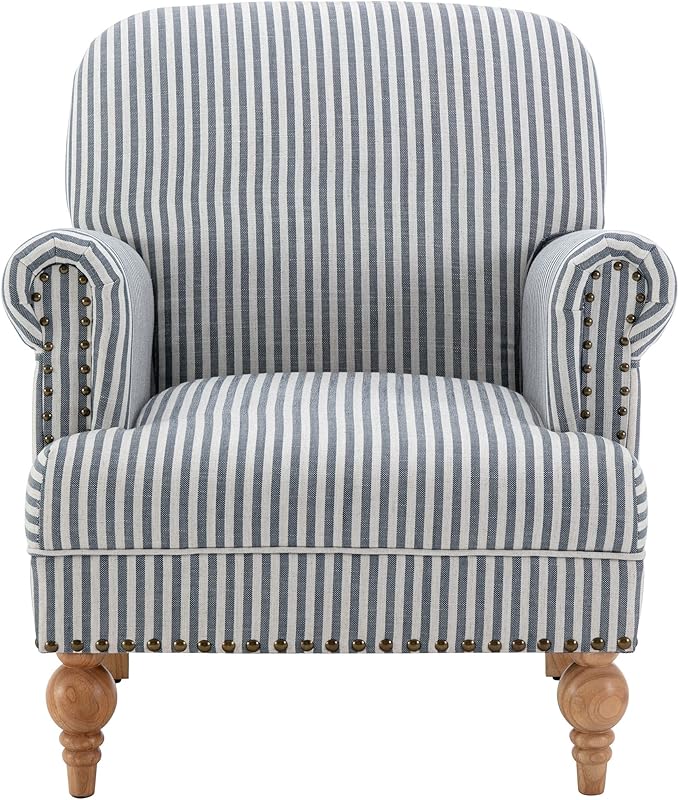 Blue Striped Linen Fabric Accent Chair Coastal Upholstered Armchair with Nailhead Trim &amp Ball Turned Wood Legs Modern Farmhouse Club Chair for Living Room Bedroom Guest Room