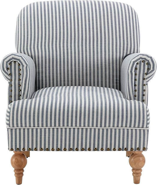 Blue Striped Linen Fabric Accent Chair Coastal Upholstered Armchair with Nailhead Trim &amp Ball Turned Wood Legs Modern Farmhouse Club Chair for Living Room Bedroom Guest Room