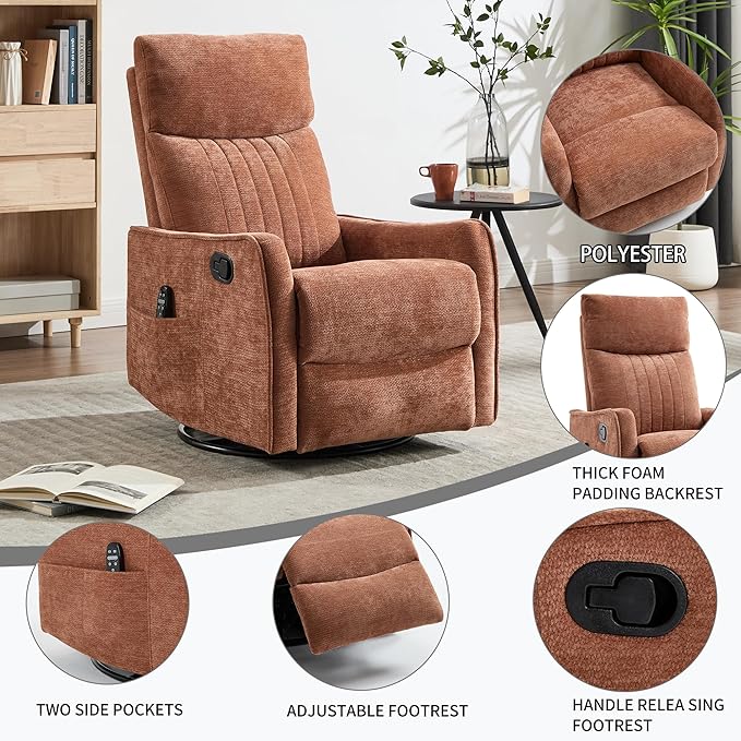 High Back Massage Recliner with Heat - Swivel Rocking Chair for Small Spaces Manual Lazy Boy Recliner for Adults Perfect for Living Room &amp Bedroom Soft Fabric (Orange)