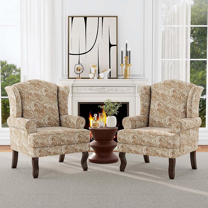 Accent Chair High Back Upholstered Armchair with High Resilience Sponge &amp Wood Legs Mid-Century Modern Comfy Single Sofa Reading Chairs for Living Room Bedroom - Paisley Sand Set of 1
