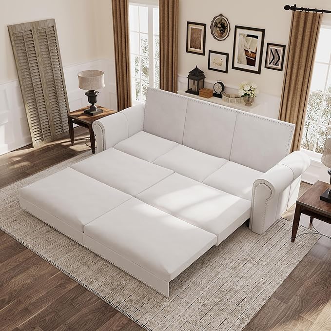 93.7 King Pull Out Sofa Bed 3 in 1 Convertible Sleeper Sofa 3 Seat Couch with Nailhead Trim &amp Rolled Arm for Living Room Apartment Office Beige Velvet