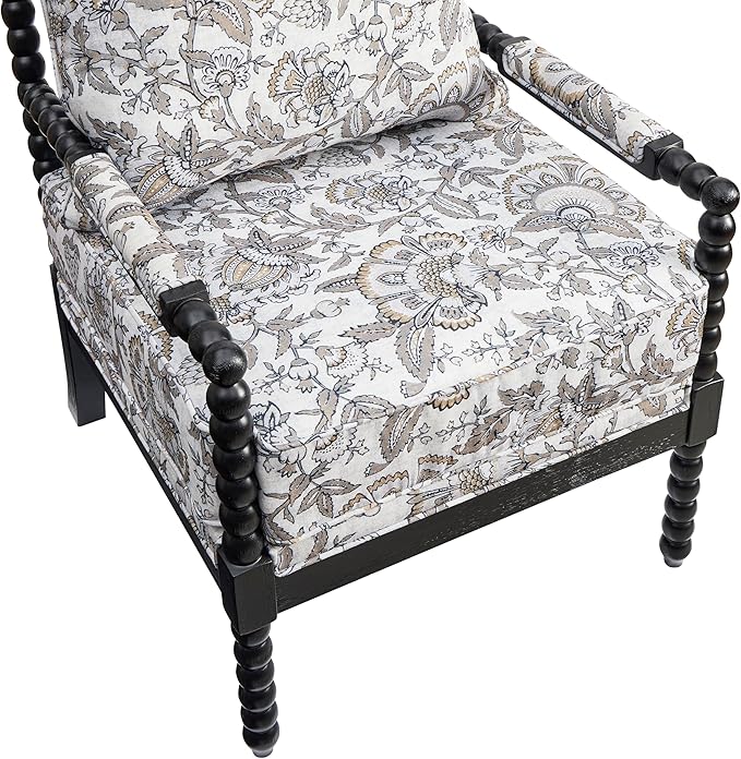 Roundhill Furniture Belvoir Upholstered Spool Accent Chair with Turned Wood Frame Floral with Black Finish