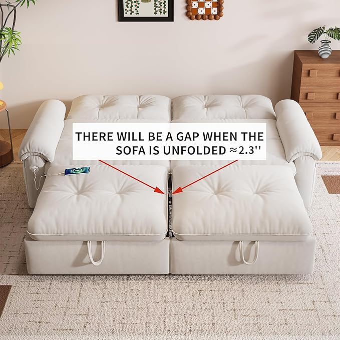 77 Queen Size Sofa Bed Loveseat Sleeper Sofa with Pull Out Bed Pockets and USB Velvet Fabric 2 Seater Convertible Small Couch for Living Room Bedroom Apartment Beige