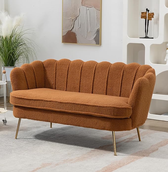 59 Modern Boucle Loveseat Couch Small Sofa with Gold Metal Legs2-Seater Upholstered Mini Sofa Couches for Small SpaceLiving Room Bedroom Office Dorm Studio Apartment (Caramel)
