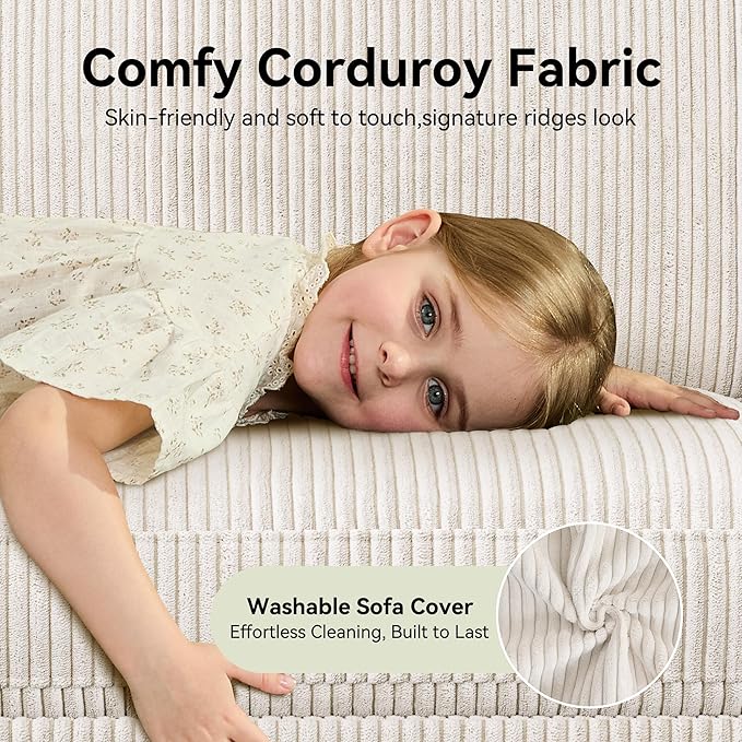 68 Loveseat Sofa Comfy White Corduroy Couches for Living Room Mid Century Modern Love Seat Sofa Tool-Free Setup Small Couches for Bedroom Office