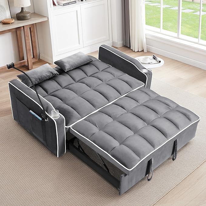 TTK 3-in-1 Convertible Velvet Sleeper Sofa Bed Pull-Out Loveseat with Adjustable Backrest USB Port &amp 2 Pillows Swivel Phone Stand &amp Storage Pockets Modern Futon Couch for Living Room Gray