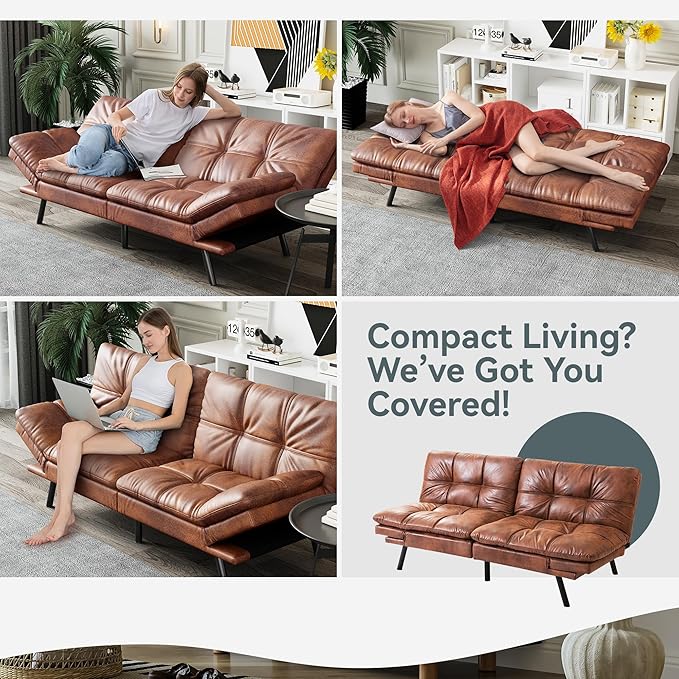Futon Sofa Bed Convertible Couch Brown Faux Leather Sofa Bed with Memory Foam Adjustable Backrest &amp Armrests Multifunctional Small Loveseat Sleeper Sofa for Living Room Apartment Office