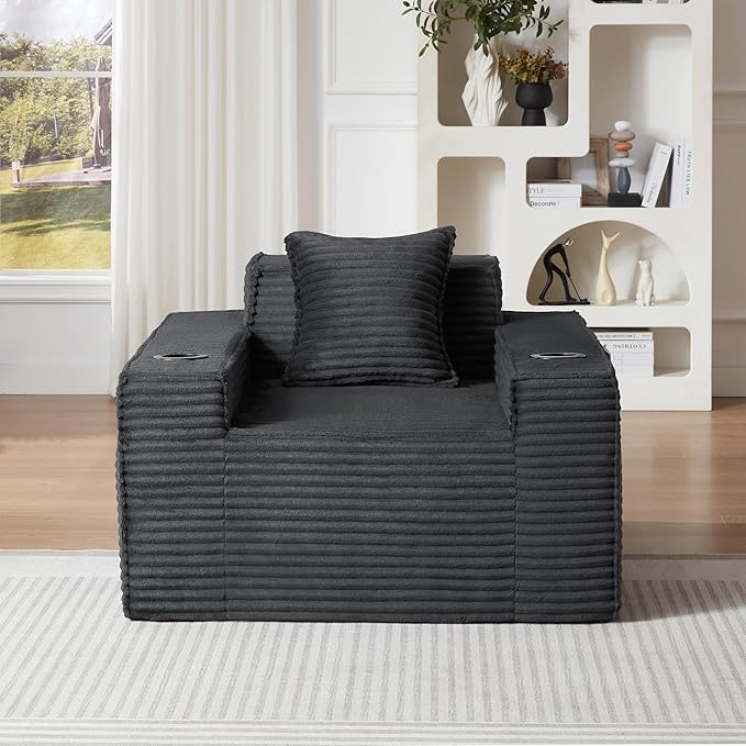 Oversized Cloud Sofa 43'' Upholstered Corduroy Accent Chairs Boneless Floor Couch with Pillow &amp Armrests Comfy Lounge Reading Chair Living Room Chair No Assembly (Dark Gray)