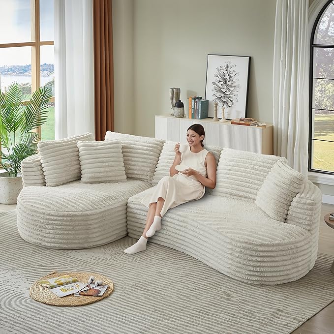 Plush Corduroy Cloud Sectional Sofa with Curved Chaise Oversized 2 Pieces Modular Lounge Sofa with Deep Seat Upholstered Sponge Compressed Couches for Living Room BedroomNo Assembly Required