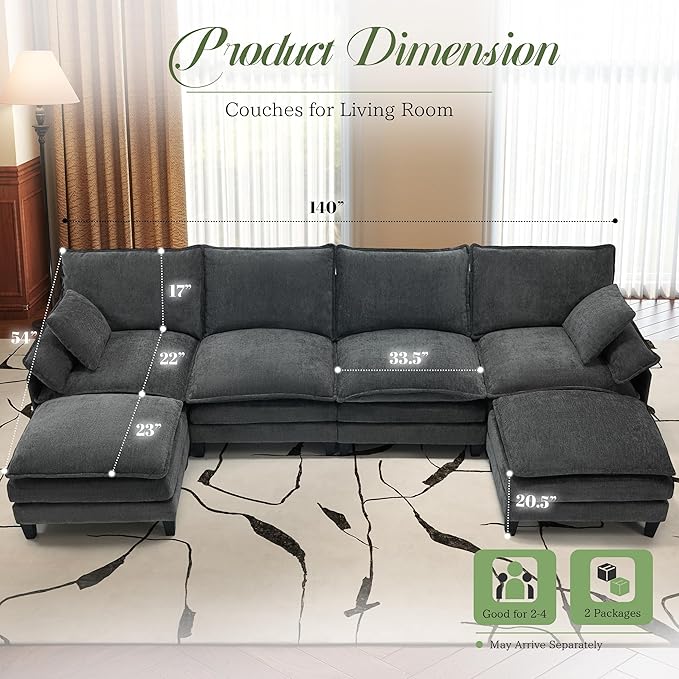 Cloud Couch 140 Modular Sectional Sofa with Movable Ottoman U Shaped Modern Sofa with Pillows Deep Seat Couches for Living Room Bedroom and Apartment Comfy Couch Grey