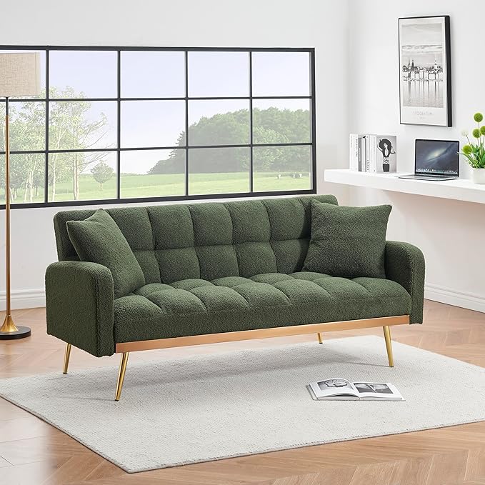69 Convertible Sofa Bed with Two Throw Pillows Suitable for Living Room Bedrooms Offices Green