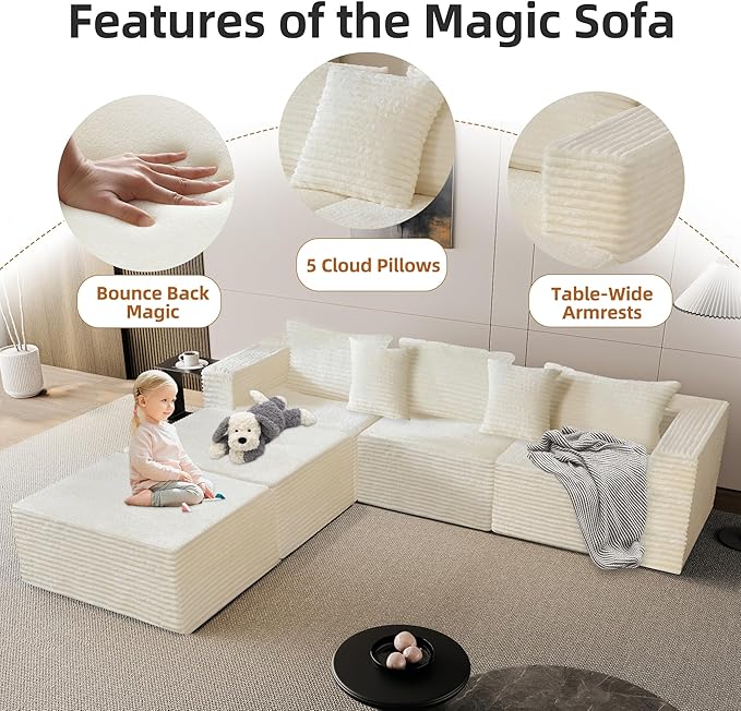 110 Modular Sectional Boneless Sofa with 2 Ottomans Corduroy U-Shaped Modular Sectional Sofa Convertible Cloud Couch with Deep Seats No Assembly Required (White 110 3Seat+2 0ttoman)