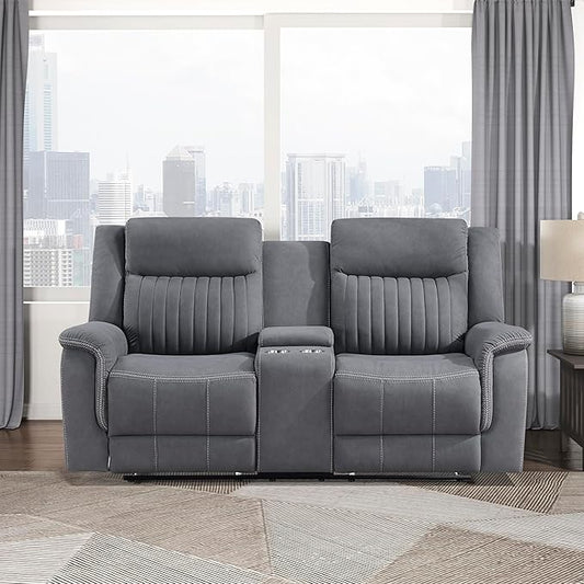 Lexicon Manual Double Reclining Loveseat Polished Microfiber Manual Wall Hugger Loveseat Recliner for Living Room Center Storage Console/Cup Holders Easy Assembly Gray