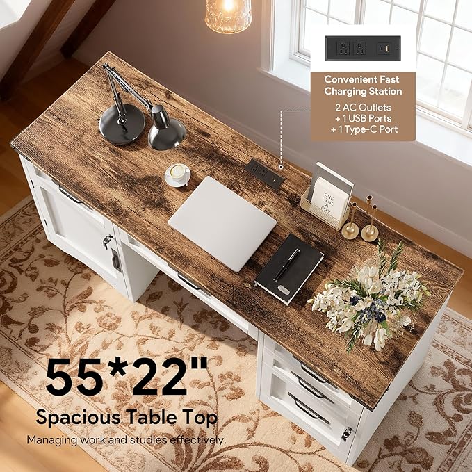 Farmhouse Executive Desk with Drawers 55 Home Office Desks with Fast Charging Station Lockable File Cabinet Wood Writing Computer Desk for Work Study White