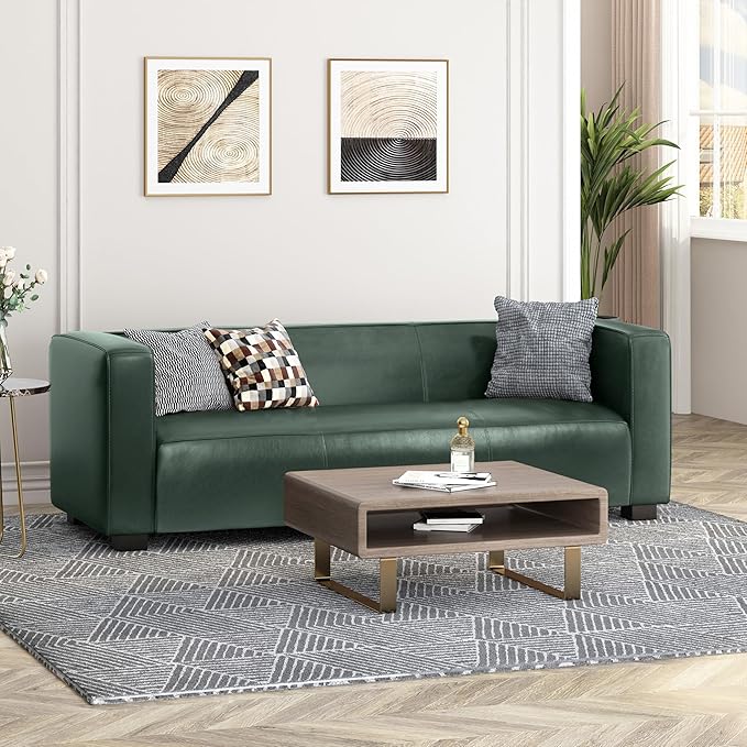 80.25 PU Leather Upholstered Couch Modern 3 Seater Sofa with Tufted Back and Square Arms Nailhead Sofa for Living Room Office Apartment Small Space Green