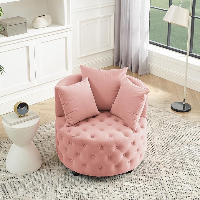 Velvet Upholstered Swivel Chair for Living Room with Button Tufted Design and Movable Wheels Including 3 Pillows Pink