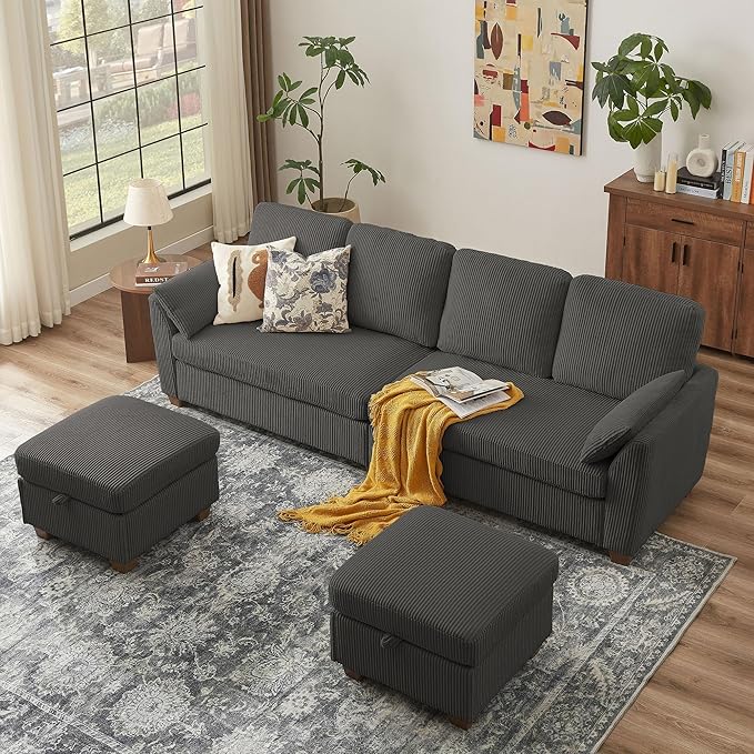 4-Seater U Shaped Sofa with 2 Storage Ottomans Comfortable Corduroy Fabric Convertible Sectional Couch with 2 Pillows Modern Couches for Living Room (Dark Grey)