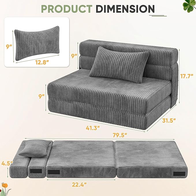 Homall Folding Sofa Bed Floor Couch Convertible Sleeper Chair with Pillow Comfy Futon Lounge Sofas Portable Fold Out Chair Bed for Living Room Small Space (Corduroy Slate Grey)