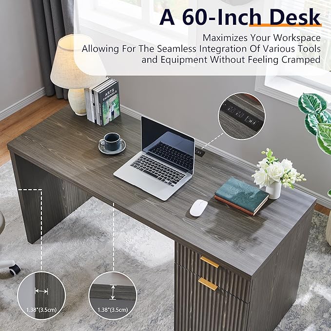 JXQTLINGMU 60 Modern Executive Desk with Storage Wood Home Office Desk with Drawer &amp Cabinet Fluted Computer Writing Desk for Study Work Living Room Bedroom Grayish Green
