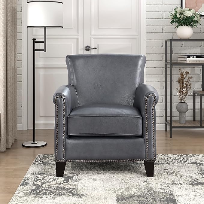 Lexicon 100% Top Grain Genuine Leather Chair Leather Accent Chairs for Living Room Solid Wood Frame Rolled Armrest &amp Nailhead Trim Comfy Reading for Bedroom Office Waiting Room Burnish Gray