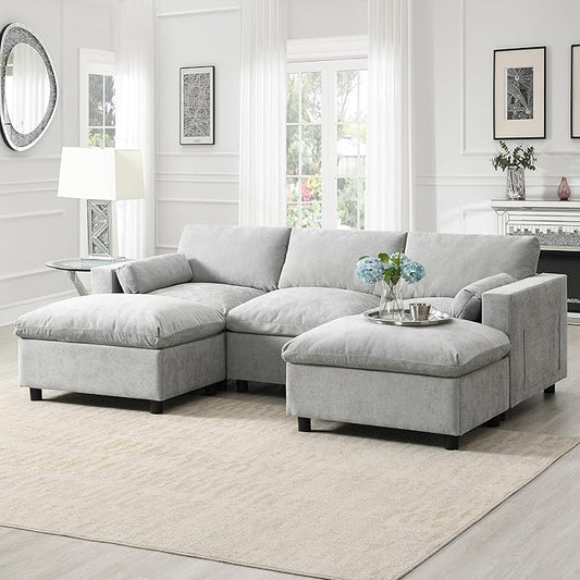 kevinplus 86.5'' Sectional Sofa Couch with Ottoman for Living Room Modern Contemporary 3-Seat Sectional Sofa Couch for Apartment Chenille Fabric Gray