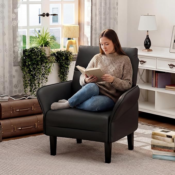 ALISH Mid-Century Accent ChairUphsoltered Modern Armchair Side Chairs with Wood LegsFaux Suede Single Sofa Chair for Living Room Bedroom (Black Set of 1)