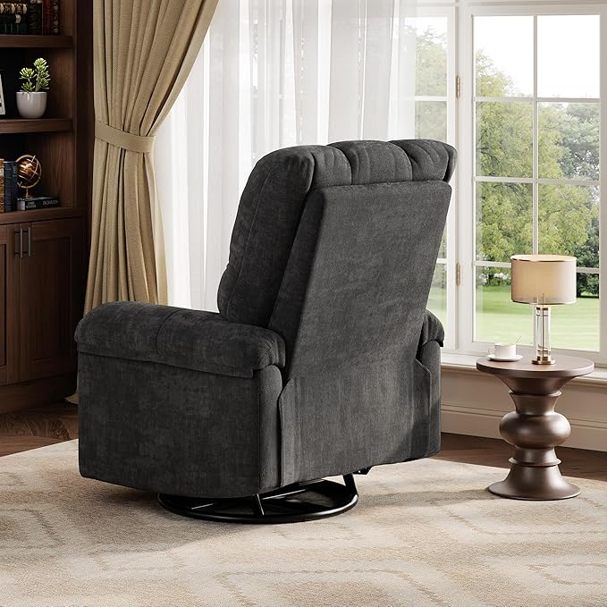 GarveeHome Recliner Chair 360° Swivel Rocker Glider Nursery Chair with Padded Armrest and Deep Seat Chenille Upholstered Reclining Sofa Chair for Living Room Bedroom and Nursery (Black)