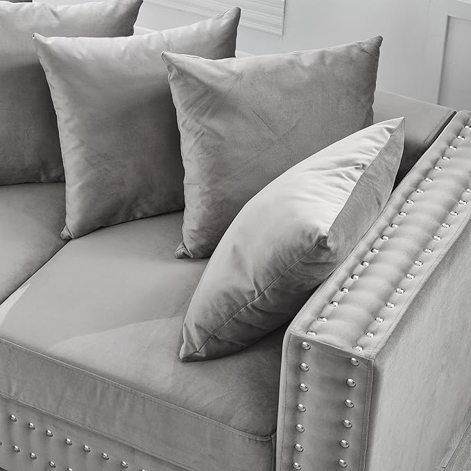 84.5 Wide 3-Seater Velvet Sofa with Storage Mid Century Modern Chesterfield Couch Upholstered Love Seat with Deep Seat &amp Retro Trim Gray Velvet Couch for Living Room Office Apartment (Grey)