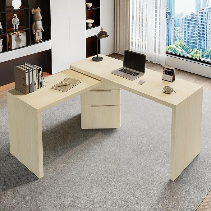 Merax Home Office Desk L Shaped with 3 DrawersWooden Rotating 90 Large DeskExecutive Office WorkstationCorner Work Table for Study WritingNatural Wood