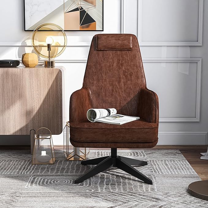 Furniture of America Altha Modern Swivel Base Faux Leather Accent Chair for Living Room Bedroom Home Office Brown