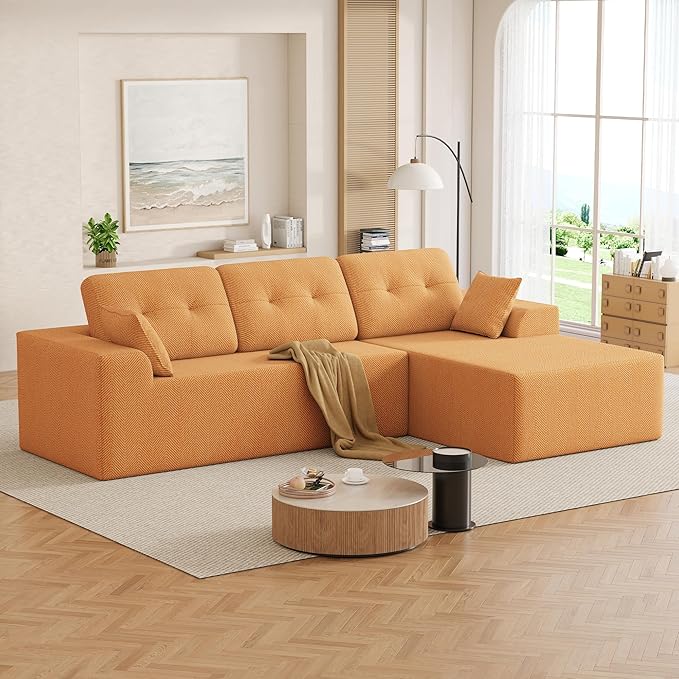 Ball &amp Cast 106 Cloud Modular Sectional Sofa Boneless Chenille Couch with Deep Seat Comfy L-Shaped Sectional Modern Upholstered Sofa for Living Room No Assembly (Orange Right Facing Chaise)