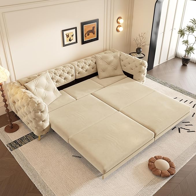 Ball &amp Cast 3-in-1 Convertible Sleeper Sofa with Movable Ottoman97.7 Velvet Pull Out Sofa Bed Modern Button Tufted 4-Seater Sofa Couch with Deep Seat for Living Room ApartmentOfficeApricot